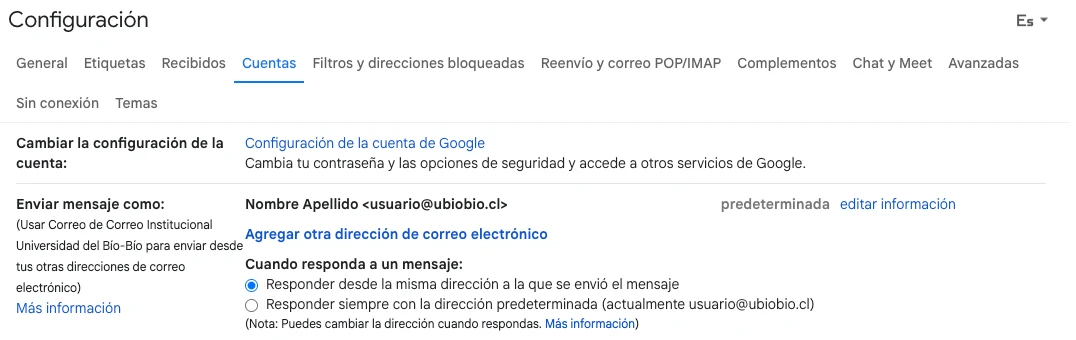 Pestaña Cuentas de la configuración de Gmail con la sección Enviar mensaje como y el enlace Agregar otra dirección de correo electrónico