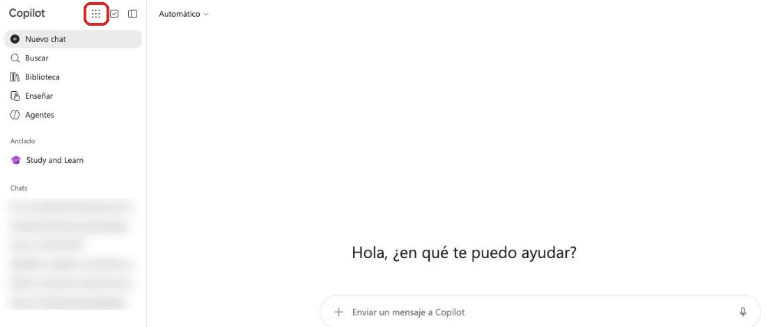 Microsoft 365 Copilot con el ícono Aplicaciones y más