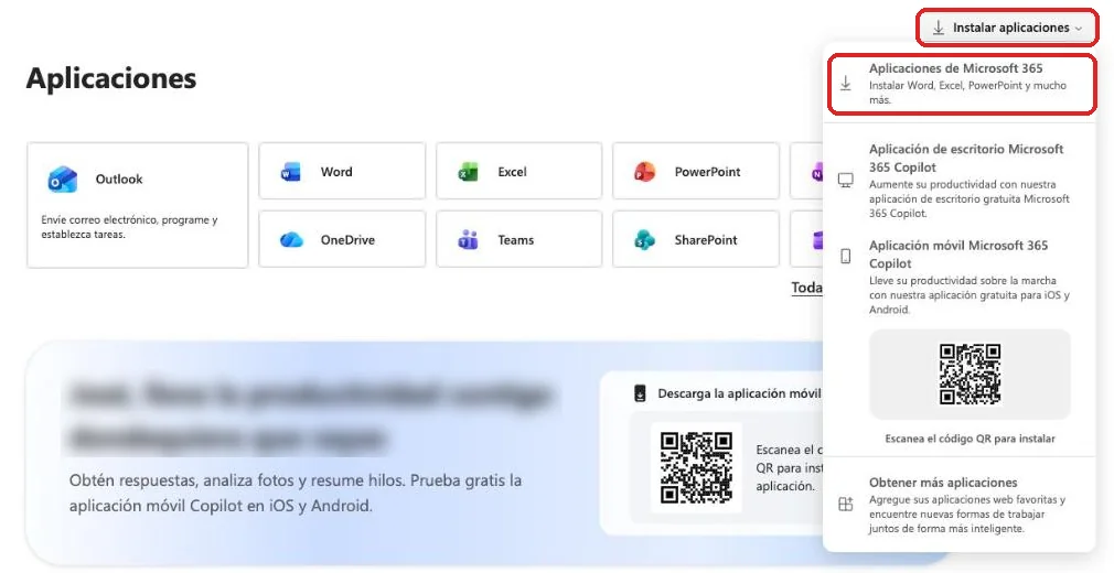 Página Aplicaciones con el menú Instalar aplicaciones abierto y la opción Aplicaciones de Microsoft 365