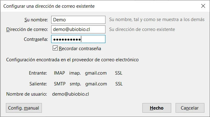 Ventana Configurar una dirección de correo existente con la configuración IMAP y SMTP de gmail.com encontrada