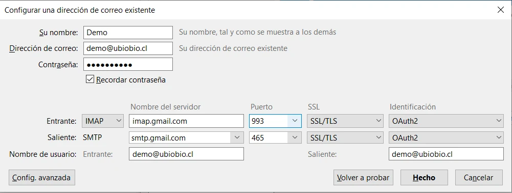 Configuración manual en Thunderbird: IMAP imap.gmail.com 993 SSL/TLS OAuth2 y SMTP smtp.gmail.com 465 SSL/TLS OAuth2