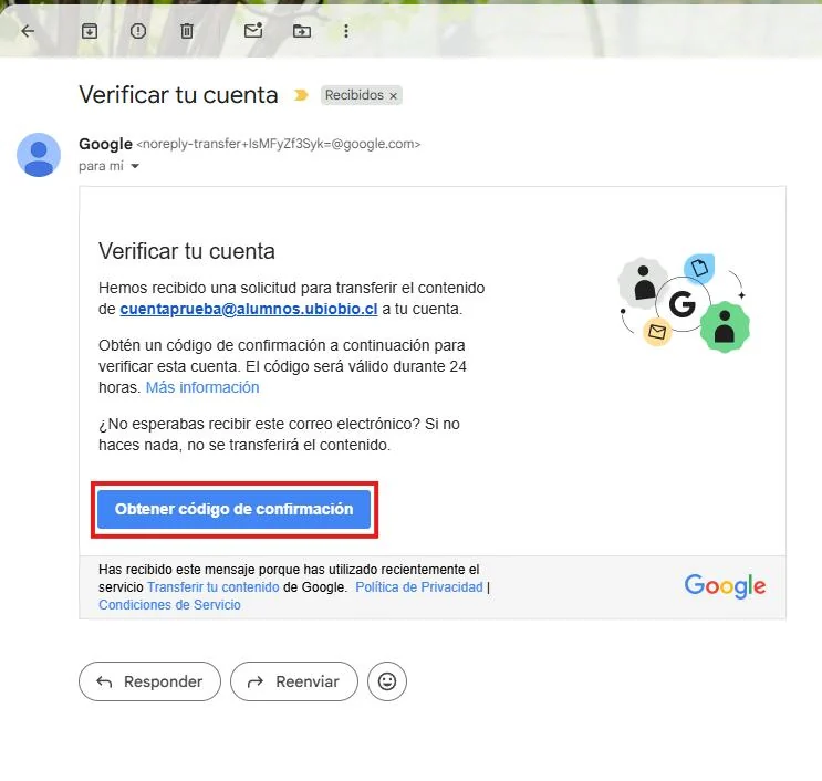 Correo de Google Verificar tu cuenta con el botón Obtener código de confirmación