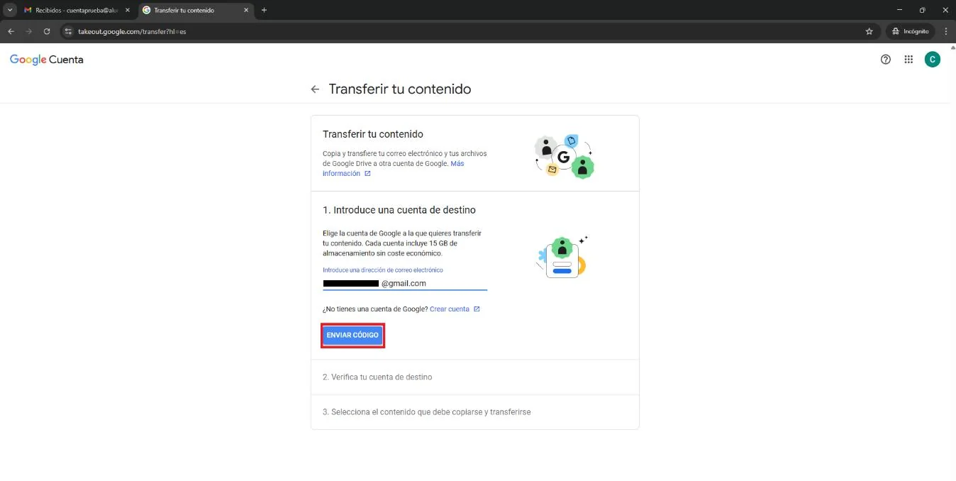 Transferir tu contenido, paso 1: campo para la cuenta de destino y botón Enviar código