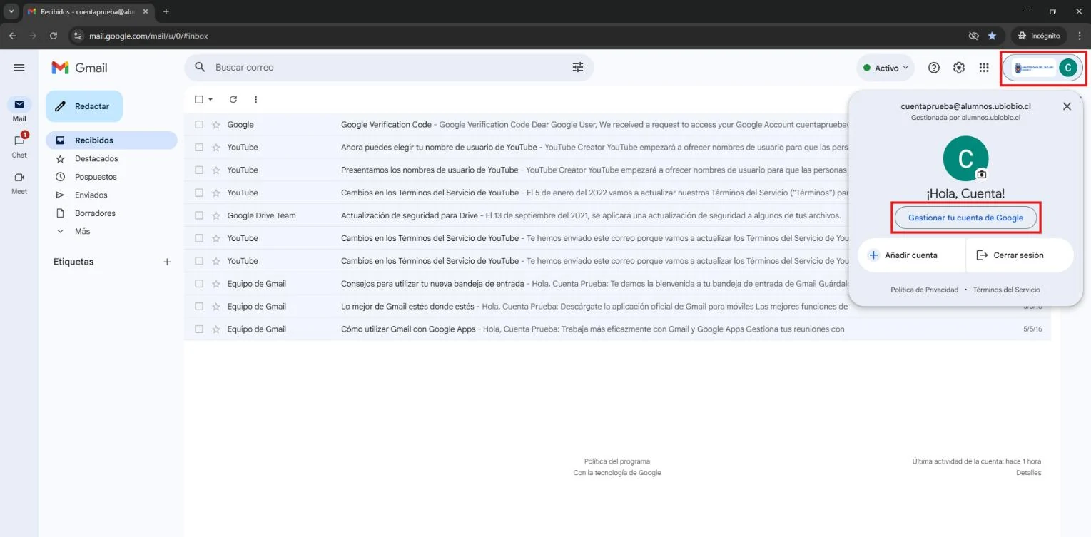 Gmail con el menú de la cuenta abierto y la opción Gestionar tu cuenta de Google marcada