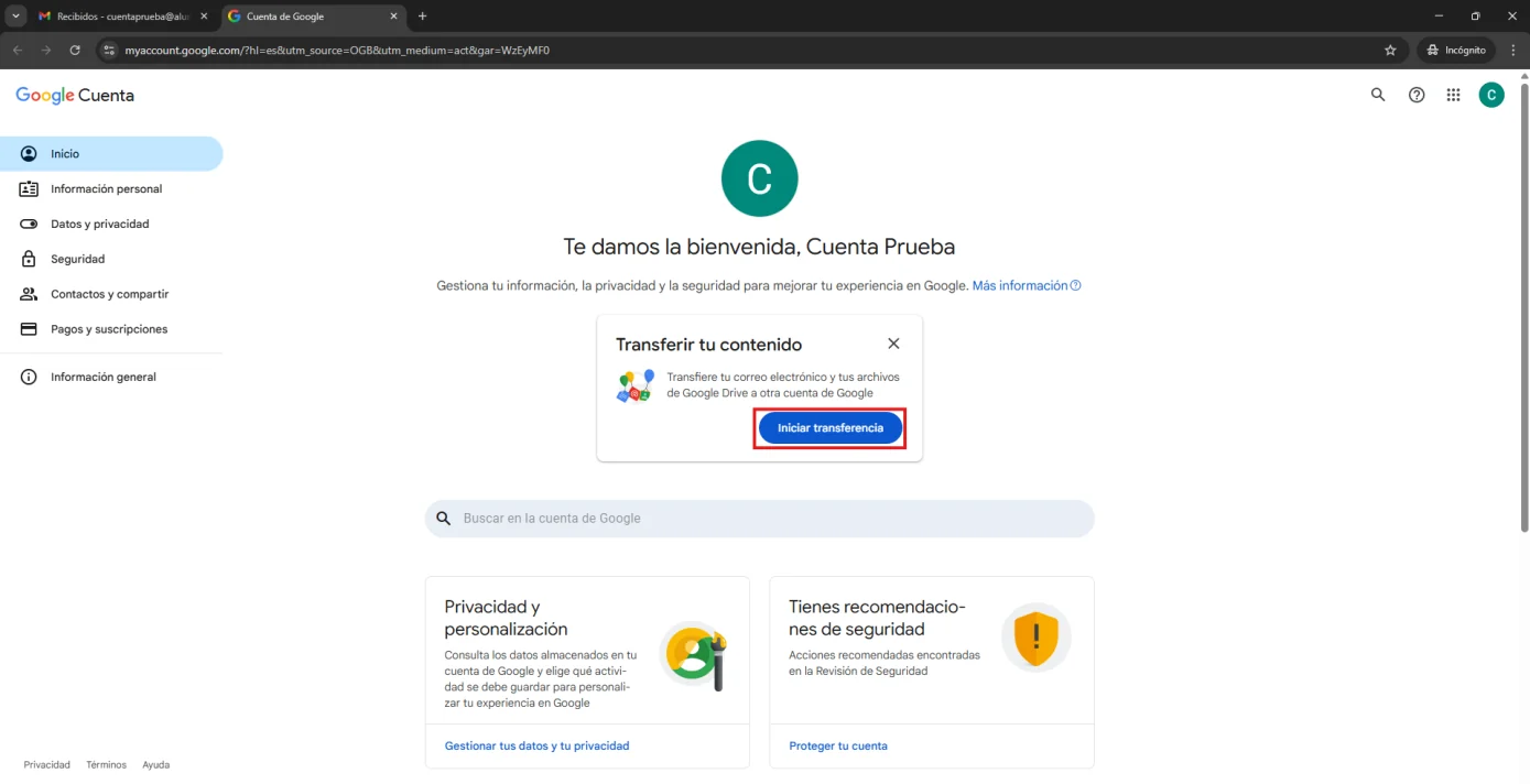Página Cuenta de Google con el recuadro Transferir tu contenido y el botón Iniciar transferencia