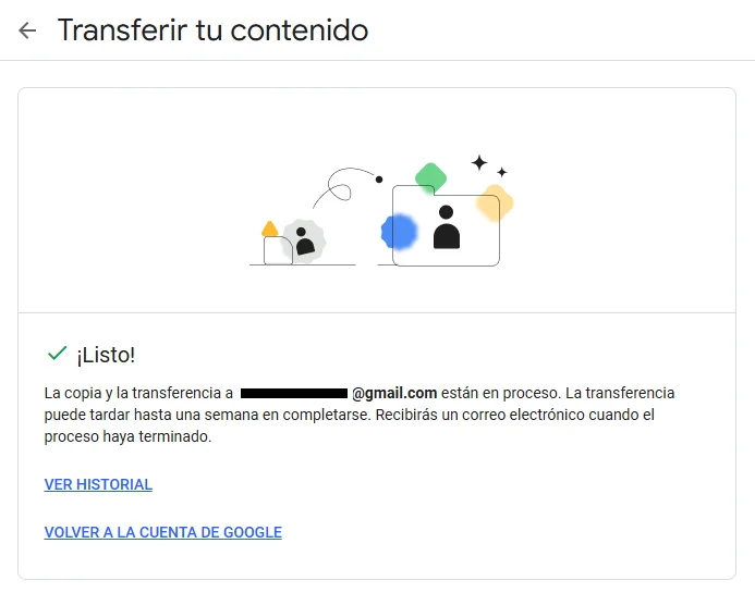 Mensaje ¡Listo! La copia y la transferencia están en proceso