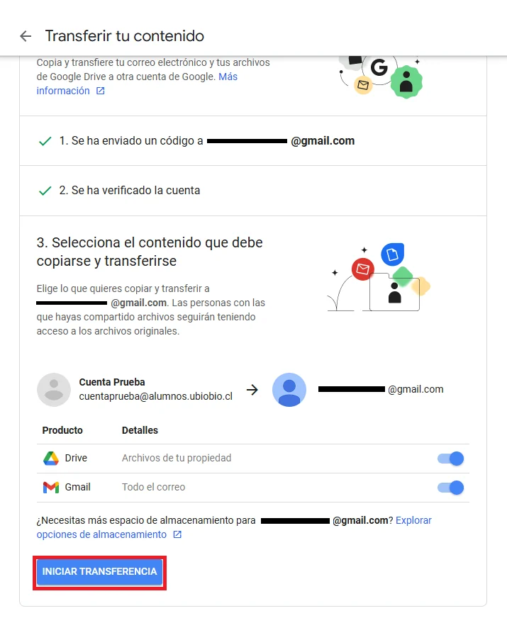 Paso 3 con los interruptores de Drive y Gmail activados y el botón Iniciar transferencia