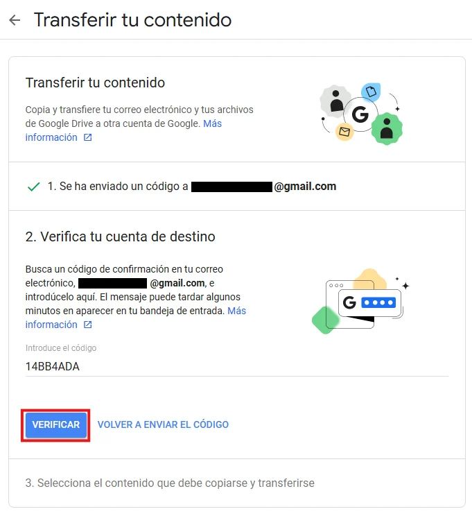 Paso 2 Verifica tu cuenta de destino con el código pegado y el botón Verificar