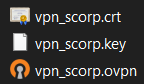 Los tres archivos de configuración: vpn_scorp.crt, vpn_scorp.key y vpn_scorp.ovpn