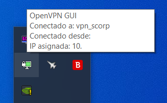 Ícono verde de OpenVPN con el mensaje Conectado a vpn_scorp e IP asignada