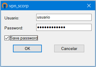 Ventana de inicio de sesión de la VPN con Usuario, Password y la casilla Save password