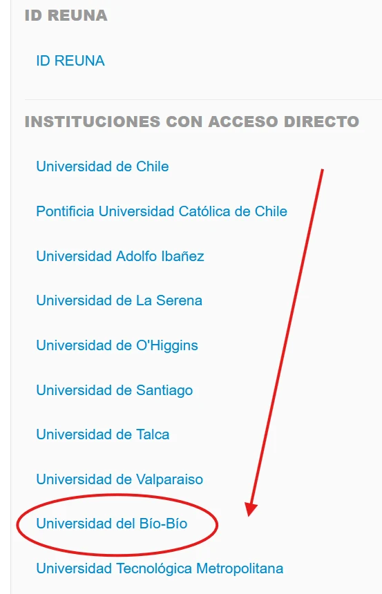 Lista Instituciones con acceso directo en Plaza REUNA con Universidad del Bío-Bío marcada